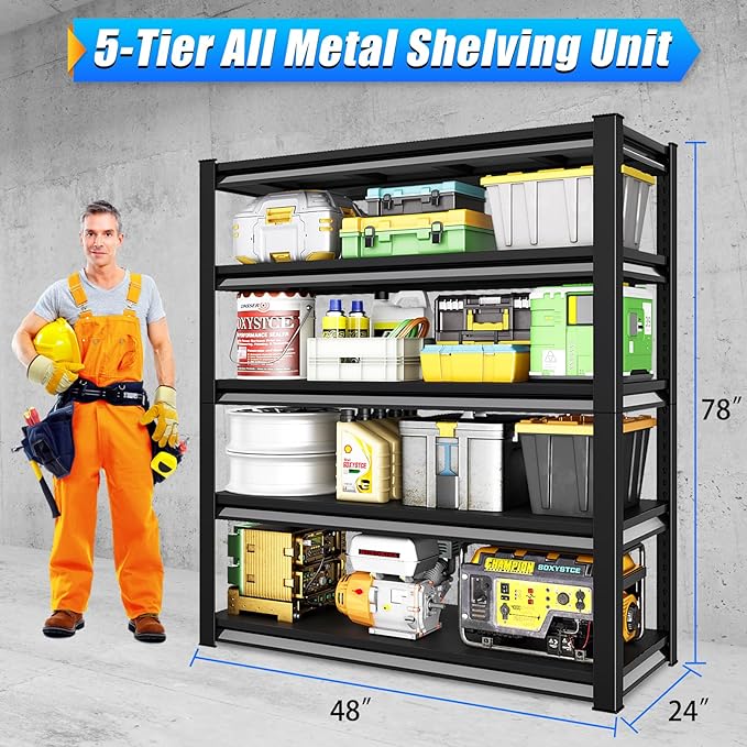 48" W Garage Shelving Heavy Duty，3000LBS Loads Adjustable Garage Storage Shelves,5-Tier Metal Storage Racks and Shelving Units, Utility Rack Shelves,48”W x 24”D x 78”H,Black