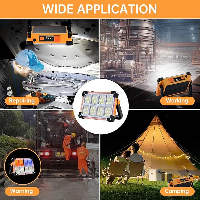 Rechargeable Solar Work Light Portable - IP66 Waterproof Job Site Flashlight with Stand, 10000LM 6600MAh Solar Flood Light for Mechanic, Camping, Car Repair, Fishing, Emergency