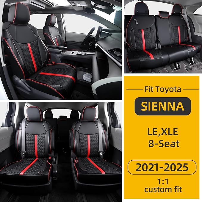 Custom Fit Sienna Seat Covers for Toyota Sienna LE,XLE 2021-2025 3-Row Accessories Full Coverage Waterproof Leather Car Seat Covers Full Set (Black with red, 8-Seat)