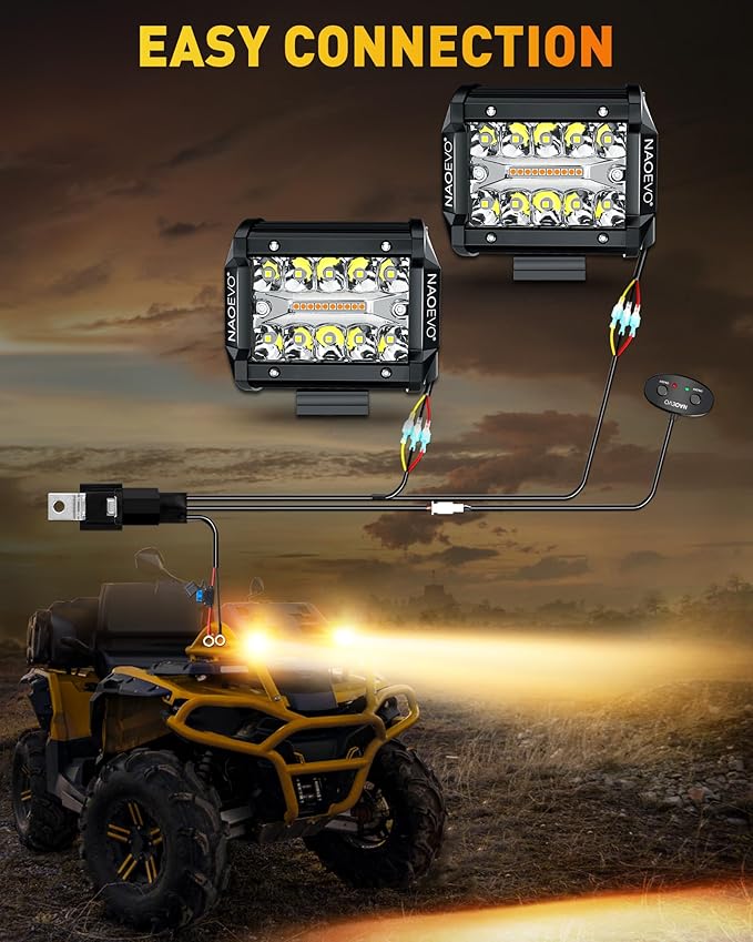NAOEVO 4 Inch LED Pod Lights, Spot Flood LED Fog/Driving/Off Road Lights with 2 Leads Wiring Harness, Cube Pods for Truck Boat ATV UTV, 2 Pcs (White/Amber/White&Amber)