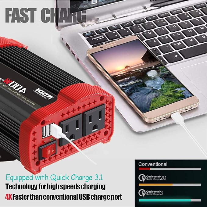400W Car Power Inverter, DC 12V to 110V AC Converter with 2 Charger Outlets and Dual 3.1A USB Ports Cigarette Lighter Socket Adapter(Black)