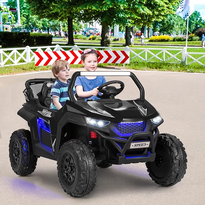 Costzon 2-Seater Ride on Car for Kids, 12V Kids' Electric Vehicles w/Remote Control, 4 Shock Absorbers, Wireless Music & FM, 3 Speeds, Ambiance Lights, Electric UTV, Kid Car Toy for Boys, Girls(Black)