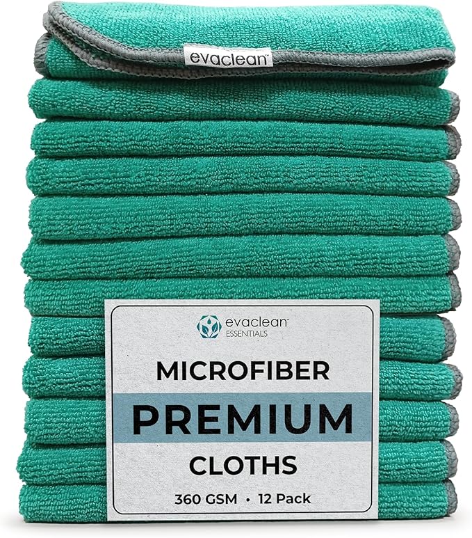 EvaClean Premium Microfiber Cleaning Cloth 16"x16" - Reusable, Washable, Non-Scratch, Microfiber Towels for Cleaning, Dusting, Polishing, High Absorbency & Durability, Green, 12-Pack