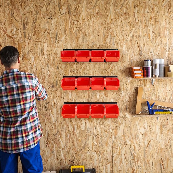 Ultrawall Wall Mounted Storage Bins, Plastic Hanging Storage Organizer Bins, Garage Tool Storage System for Screws, Nuts, Bolts, Nails, and Small Hardware Parts, 12x bins & 3 x rails, Orange