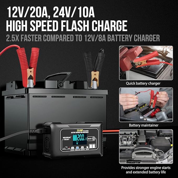NEXPEAK NC301 20-Amp Car Battery Charger, 12V and 24V Smart Fully Automatic LiFePO4 Battery Charger Maintainer Trickle Charger w/Temp Compensation for Car Truck Boat Lead Acid Lithium Batteries