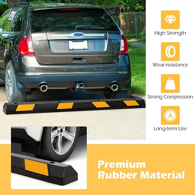 Rubber Parking Curb Garage Floor Stopper, 72" Heavy Duty Parking Lot Stopper with Yellow Reflective Stripes, Guide Wheel Stopper for Car, Truck, RV, Trailer, Driveway (1 Pack