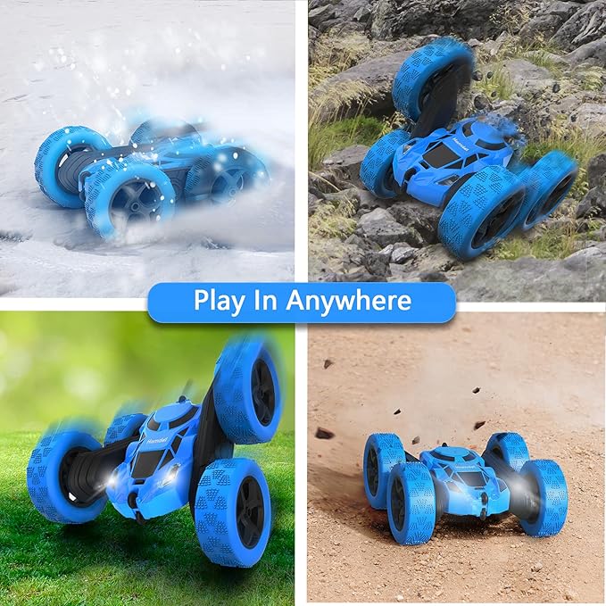 Remote Control Car Double Sided 360°Rotating 4WD RC Cars with Headlights 2.4GHz Electric Race Stunt Toy Car Rechargeable Toy Cars for Boys Girls Birthday (Blue)