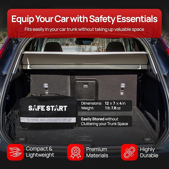 Car Emergency Kit - Car Safety Kit with First Aid, Safety Hammer, Reflectors, Gloves, Ice Shovel - Compact Roadside Tool Kit for Repairs, Snow, Accidents - Protect Your Family on The Road