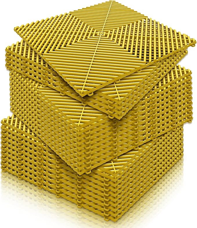 15.7"x15.7" Garage Flooring Tiles, Non-Slip Interlocking Plastic Garage Floor Mat, Garage Organization & Garage Storage, Vented Pattern (Yellow, 25PCS)