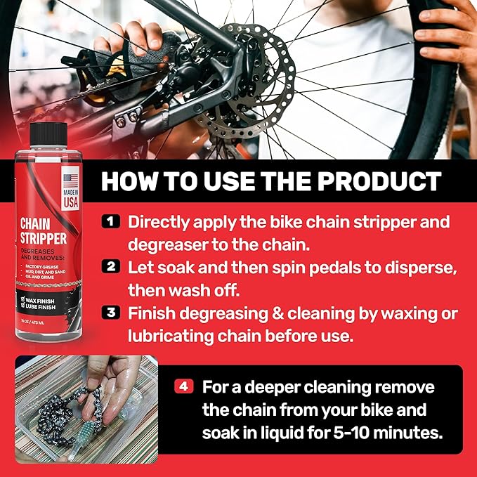 Professional Bike Chain Stripper + Degreaser - 16oz Chain Cleaner & Wax Prep, Works in Minutes, Made in USA, Easy Drip-On Application On Bike, Soak for Deep Clean, Strip + Prep for Bike & Motorcycle