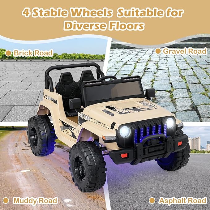 INFANS Kids Ride on Car Truck with 2.4G Remote Control, 12V Battery Powered Electric Cars for Kids w/3 Speeds, Battery Display, LED Lights, Safety Belt, Music & Horn, Bluetooth/FM/USB (Khaki)