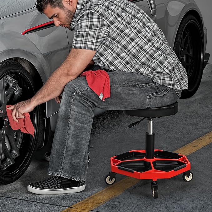 Magshion Adjustable Mechanics Stool with Wheels – 300 lbs Capacity Rolling Shop Stool for Garage & Workshop, Pneumatic Height Adjustable Work Chair with Tool Tray (Red)