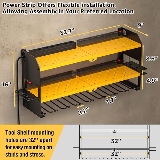 YYR Power Tool Organizer with Charging Station Wall Mount, Cordless Drill and Battery Holder for Garage Organization, Electric Tools Storage Rack Build in Surge Protection Power Strip - Yellow Shelf
