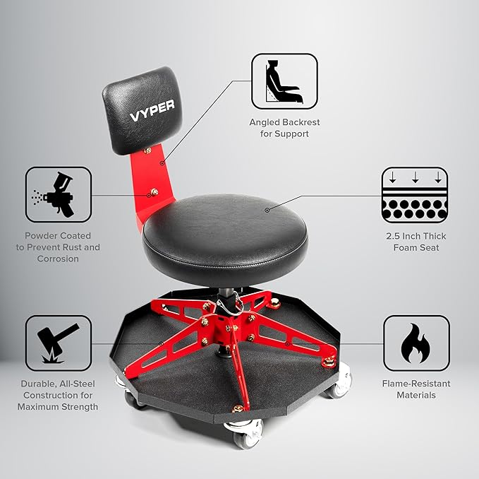 Vyper Robust Steel Sport Shop Chair for Mechanics, Automotive, DIY - 300 lb Capacity Garage Stool with Backrest & Large Wheels (Black Seat, Red Frame)