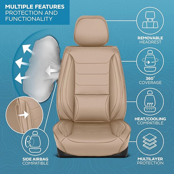 Elite Edition Faux Leather Seat Covers for Cars, Trucks, & SUV - 2 Beige Car Seat Covers for Front Seats - Universal Fit Car Accessories Automotive Interior Cover Protector for Most Vehicles