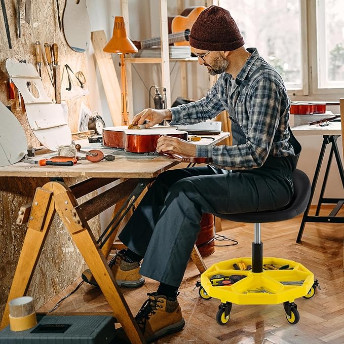 Mechanic Stool, 350 LBS Capacity Rolling Shop Stool with Lockable Wheels, 2 Magnetic Tool Trays & Padded Seat, 20"-25" Height Adjustable Workshop Chair Creeper Seat for Garage, Auto Repair