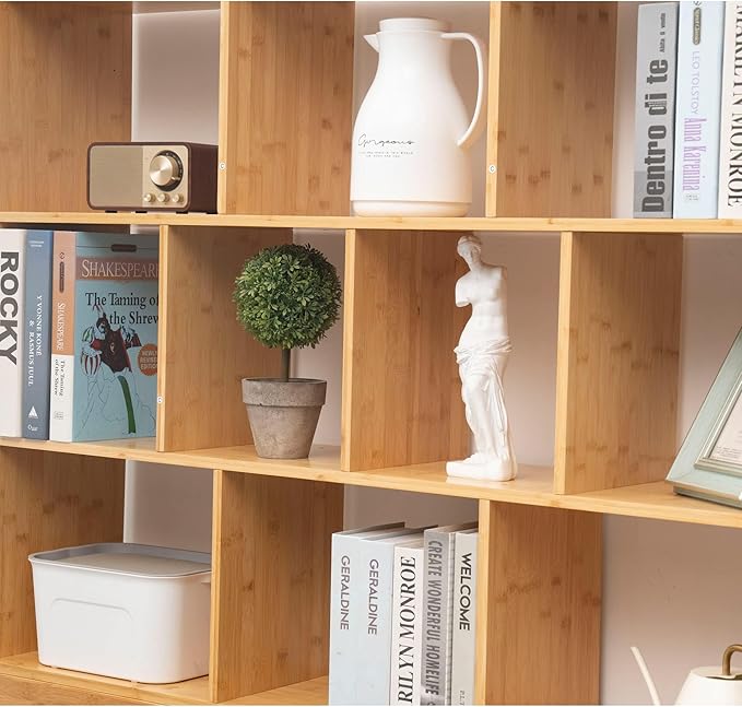 Maydear 47.24” Bamboo Bookshelf, 10 Cube Bookshelf with Base 3 Tier Open Shelf Bookcases, Freestanding Book Storage Organizer Display Shelf for Bedroom, Living Room, Home Office