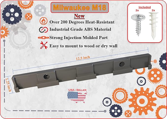 Milwaukee M18 Battery Holder | 4x 18V Battery Storage | Wall Mount | Grey ABS | 0.75 x 1.5 x 12" | Heat Resistant | USA