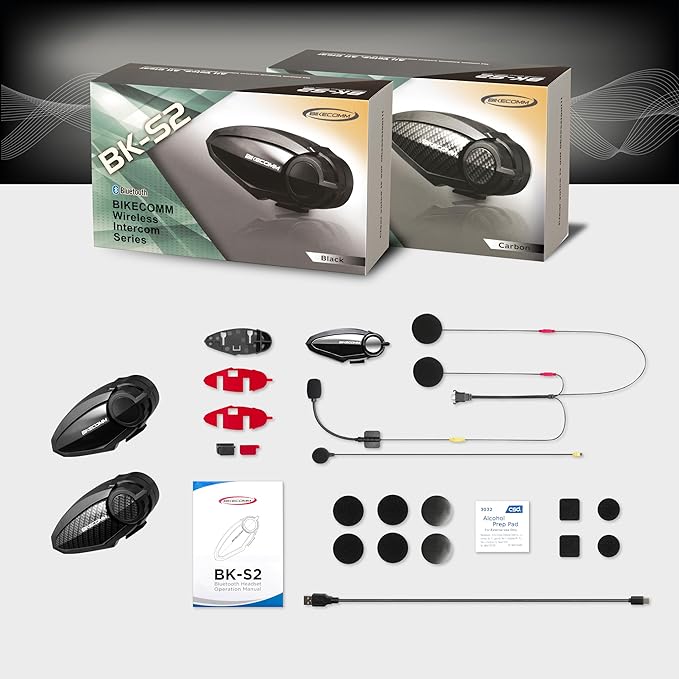 BK-S2 Motorcycle Bluetooth Intercom Headset - Helmet Communication System, Waterproof Speaker, Voice Comm Earbuds, Helmet Headphone, Noise Cancellation (Duo Carbon)
