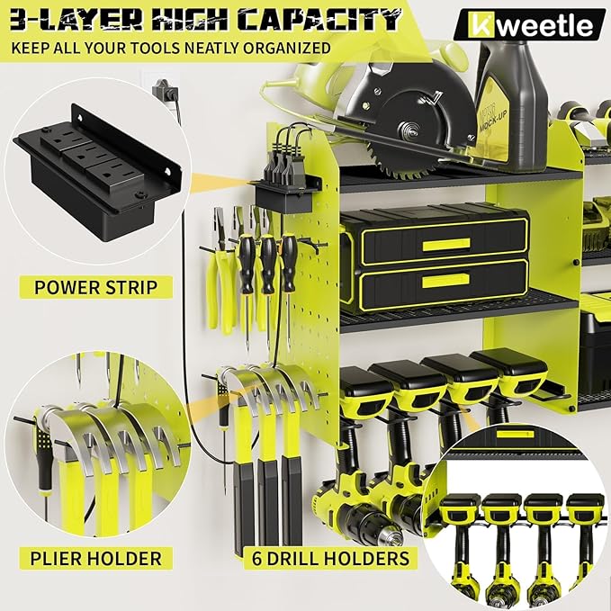 45" Power Tool Organizer Wall Mount with Charging Station - 3 Layer Storage Racks with 8 Cordless Drill Holder, 4 Hooks, Heavy Duty Garage Tool Organizer Storage for Workshop Shed Pegboard Basement