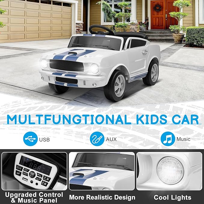 Winado Licensed Shelby Electric Car for Kids, Battery Powered Ride On Toy for Toddlers with Remote Control, Upgrade Display Panel, Bluetooth, Shock Absorbers, Safety Belt, 3 Speeds, LED Lights - White