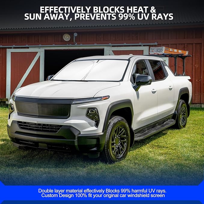 Windshield Sun Shade for Ch-evro-let Silverado EV 2024-2025 2026 Foldable Sunshade Custom Fit Front Window Car Interior Accessories Protector Blocks UV Rays