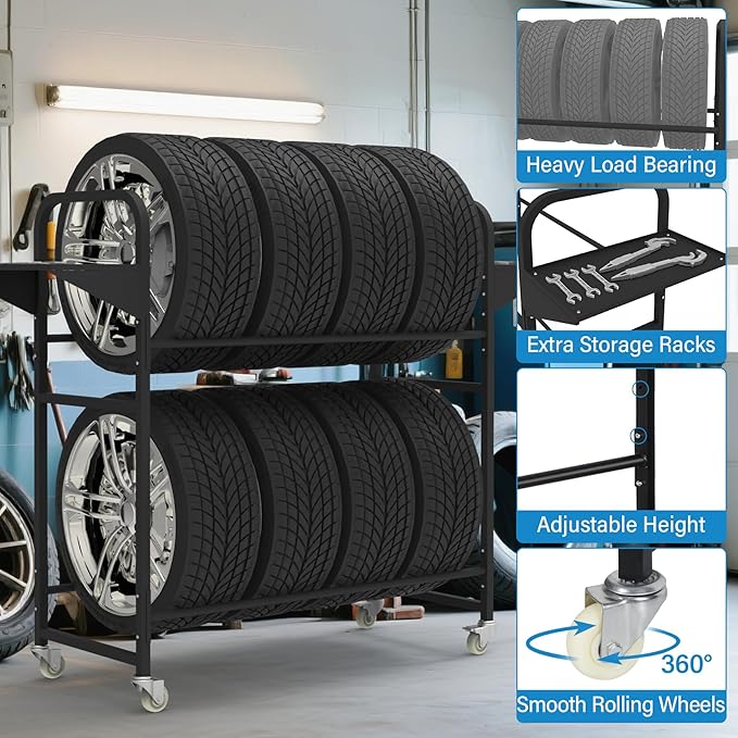Tire Storage Rack 57" x 55.1" x 20" w/Anti-dust Cover, Adjustable Rolling Tire Rack for Garage Black w/4 Swivel Casters & 2 Storage Shelf for Garage Storage