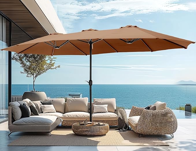 PHI VILLA 15ft Large Patio Umbrellas with Base, Outdoor Double-Sided Rectangle Market Umbrella for Pool Lawn Garden, Maillard Brown