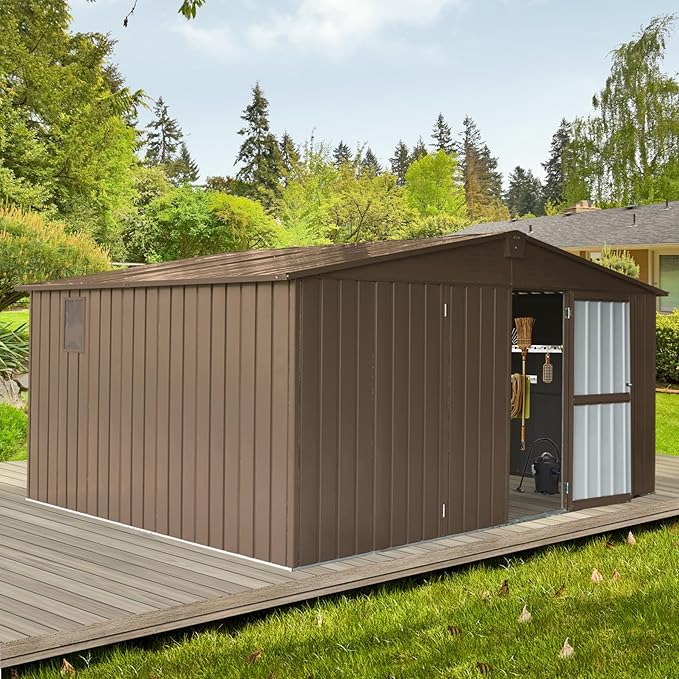 IKERY Extra Large Galvanized Steel Storage Shed 11' x 12.5' with Windows & Lock - Garden & Utility Tool Shed for Backyard, Patio - Brown
