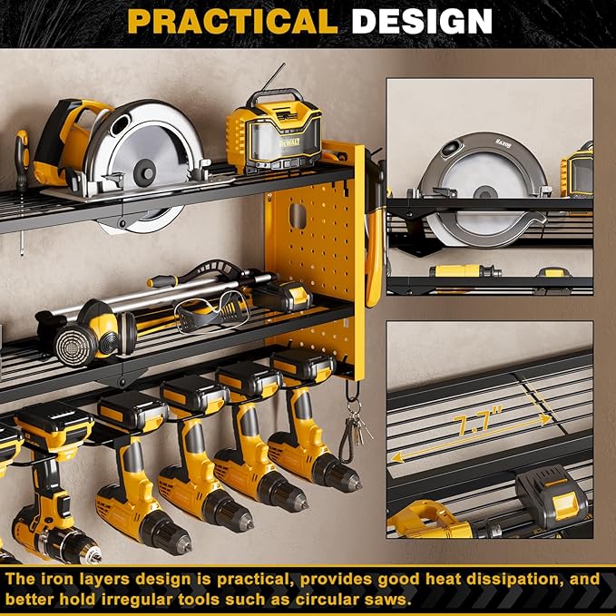 Power Tool Organizer Wall Mount,Cordless Drill Hanger Storage Rack 8 Drill Holder,3 Layers Heavy Duty Power Tool Storage Rack(Yellow)