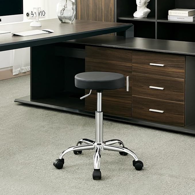 Rolling Office Stools, Adjustable Drafting Stool on Wheels 19.5’’-26.6’’, Black Ergonomic Office Chair (Black)