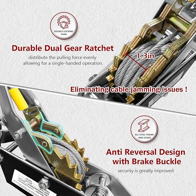 Come Along Winch 2T, Pulling Capacity 12 FT Steel Cable 2 Hooks, with Two 1"x8FT Lifting Straps, Heavy Duty Come Along Tool with Dual Gears, Heavy Duty Hoist Cable Puller for Vehicle Rescue