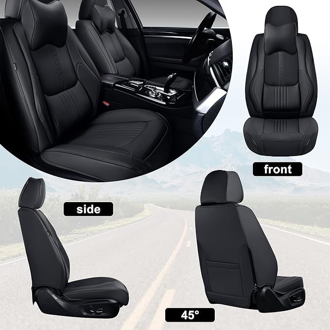Front Seat Covers, 2 Pieces Universal Seat Covers for Cars, Waterproof Leather Auto Seat Protectors with Head Pillow, Car Seat Cushions Fit for Most Sedans SUV Pick-up Truck, Black