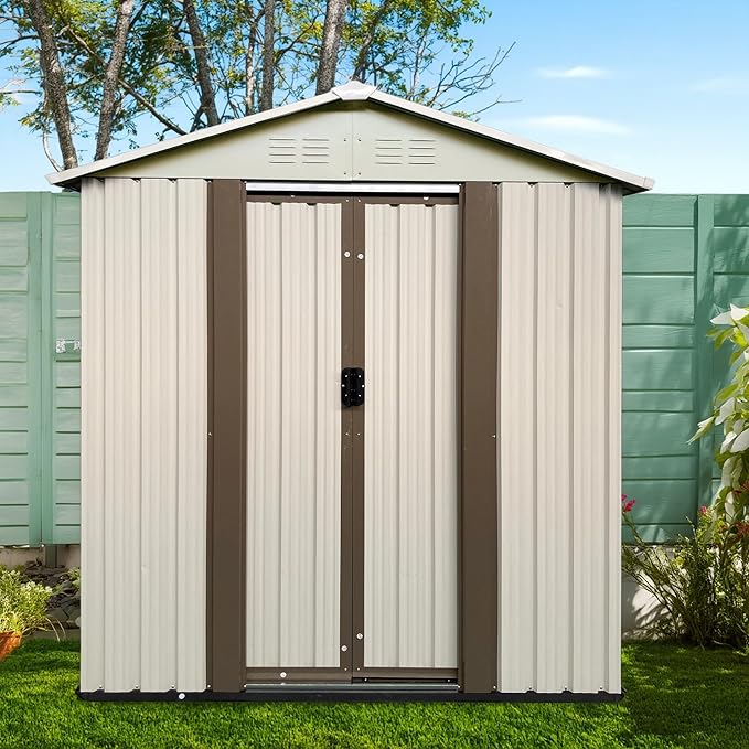 5X3 FT Outdoor Storage Shed, Waterproof Metal Garden Sheds w/Lockable Sliding Doors and Vents, Weather Resistant Tool Storage House for Backyard, Patio, Lawn, Cream White