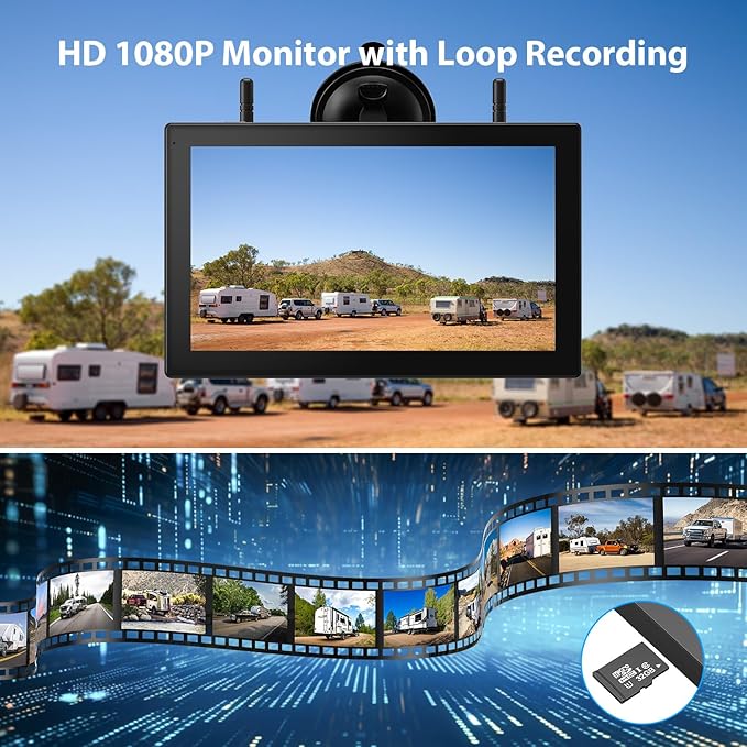 4 Magnetic Solar Wireless Backup Camera HD1080P DVR 10.1" Touchscreen Monitor, Quad RV Rearview Backup Cameras Wireless System for RV Trailer Tractor, Built-in 9600mAh Solar Battery, BL104