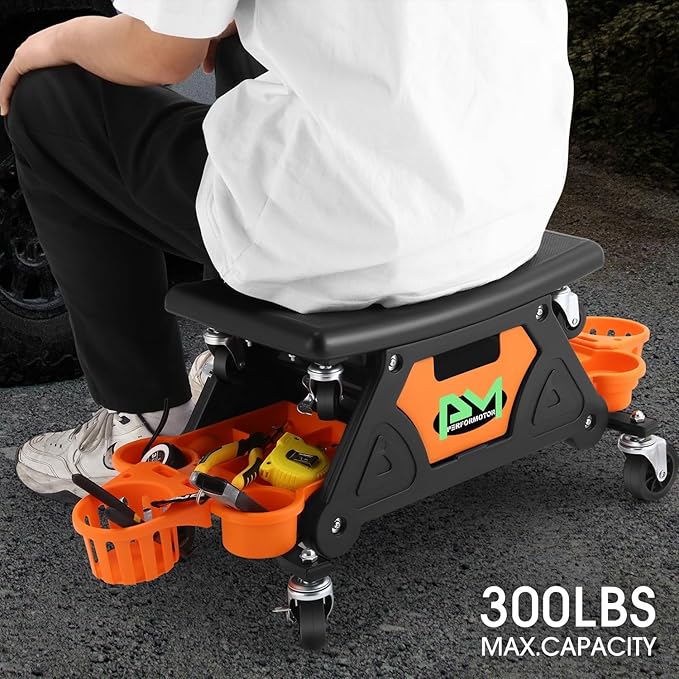 PM PERFORMOTOR Mechanic Stool - 25-1/2" x 13" x 12" (L x H x W), Rolling Work Seat w/Lockable Swivel Wheels and Storage Tool Tray, Orange,PM-TOL-CRS-OG