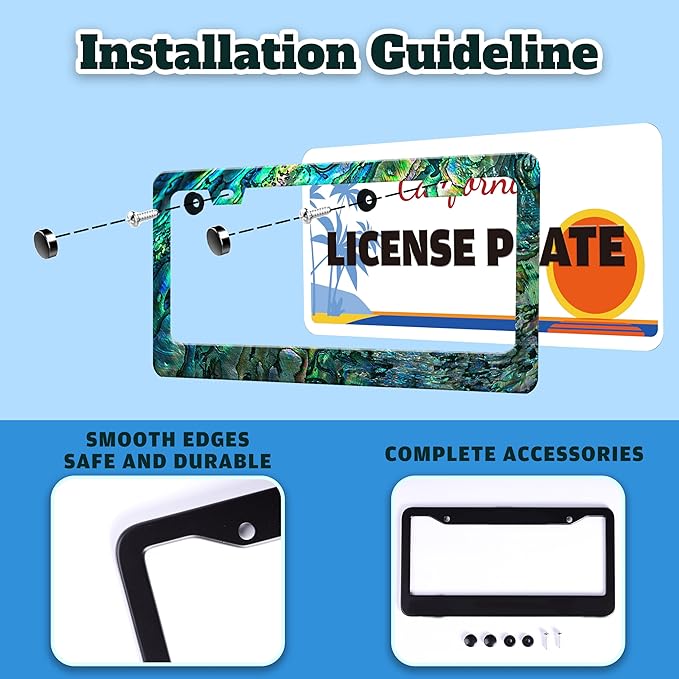 Faux Abalone License Plate Frame Funny Stainless Steel License Plate Holder for Front or Rear Car Tags for Car Decoration Accessories Rust-Proof with Screws 6.3 X 12.2 in for Women Men