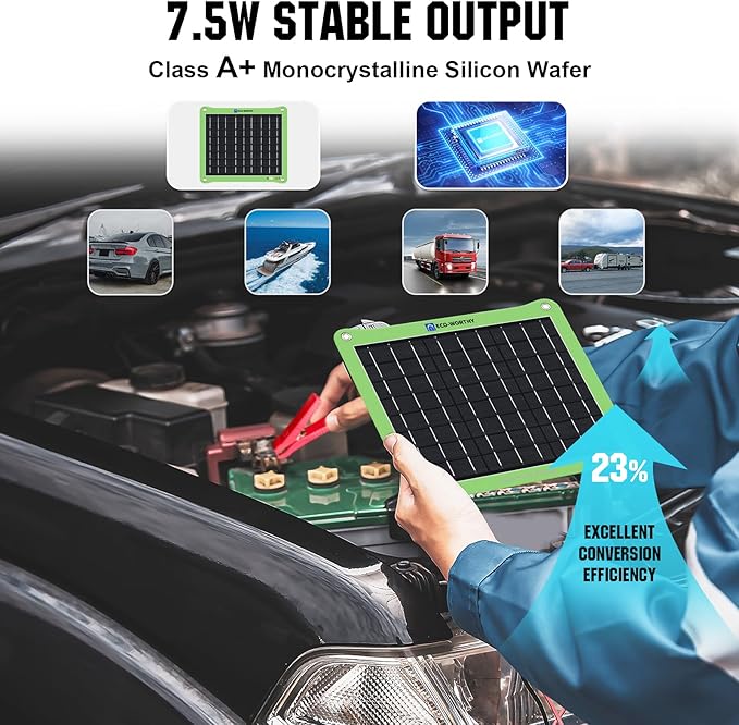 ECO-WORTHY Upgrade 7.5W Solar Car Battery Charger Maintainer 12V Waterproof Solar Panel Portable Solar Trickle Charger for Car Truck Boat Lawn Mower RV Trailer Tractor Utility Vehicle Battery
