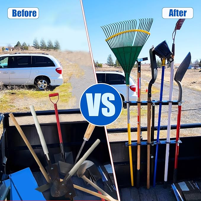 Vertical Hand Rack for Enclosed Landscaping Truck Trailer Garage or Shed Walls Holds 6 Tools for Shovels, Rakes, Hoes, Open Trailer Storage, 1 Pack (Blue)