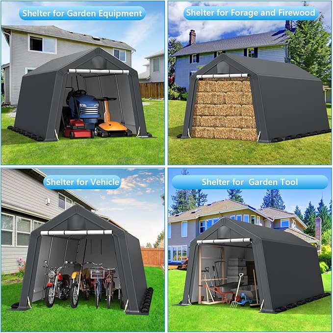 10x15FT Outdoor Storage Shelter Carport,Thickened Double-layer Heavy Duty Storage Shed Carport with Roll-up Zipper for Bike, Motorcycle, Garden Storage, Dual-color PE Waterproof and UV Resistant, Gray