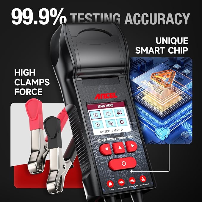 ANCEL BST600 Car Battery Tester with Printer - 12V/24V, 100-2000 CCA, Digital Auto Battery Load Tester - Cranking and Charging System Test for Heavy Duty Truck, Marine, Motorcycles, RVs, SUVs, Boats