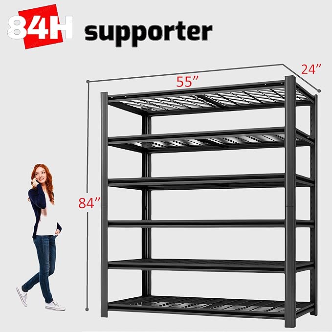 6 Tier Metal Shelving Unit, Adjustable Storage Shelves, 84" H x 55" W x 24" D Heavy Duty Garage Shelves for Warehouse, Basement, Kitchen, Pantry, Living Room, Black (6T 84 * 55 * 24)