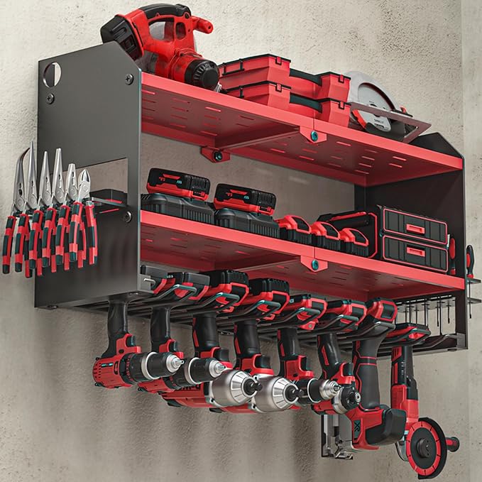 YYR Power Tool Organizer Wall Mount, Cordless Drill and Battery Holder, Electric Tools Hanger Storage Rack with Charging Station, Garage Organization Floating Shelf - Made of Heavy Duty Metal, Red