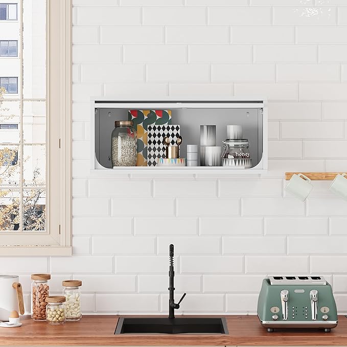 Metal Storage Cabinet White Wall Cabinets with Locking Door - Wall Mounted Storage Cabinet for Garage Warehouse Home Office - Assembly Required