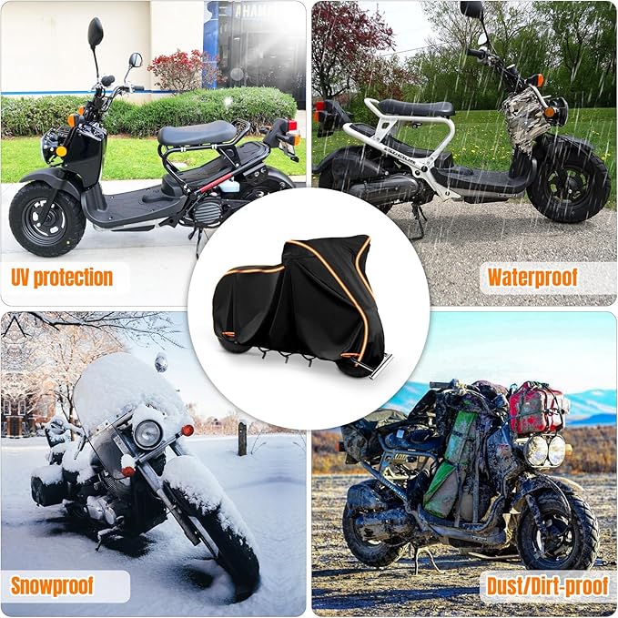 420D Motorcycle Cover for Vespa Scooters,Honda Super Cub,Yamaha Zuma 125,Honda Ruckus Outdoor Bike Cover Windproof Heavy Duty Waterproof Protection Fits up to Motorcycles with Side Boxes