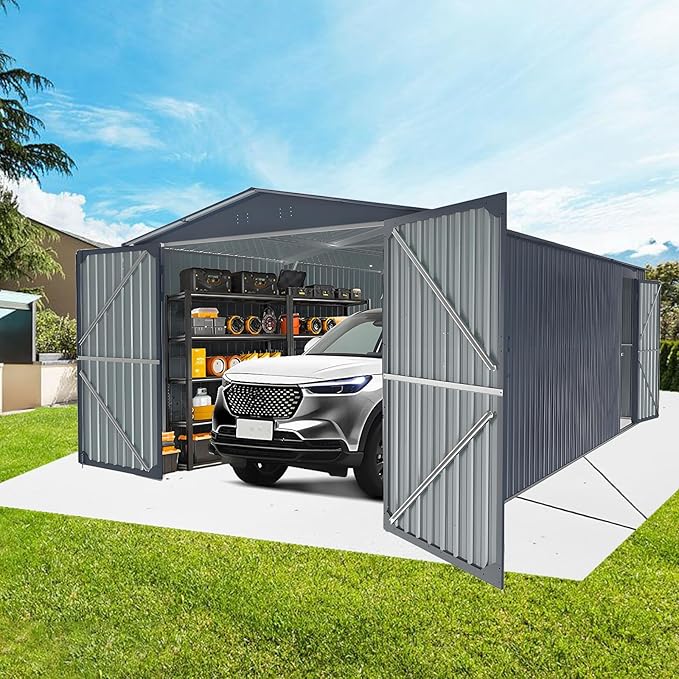 KUIKUI Metal Garage Shed Without Floor, 10x20FT Heavy Duty Outdoor Shed and Storage with 2 Doors and 4 Vents, Car Sheds Outdoor Garage
