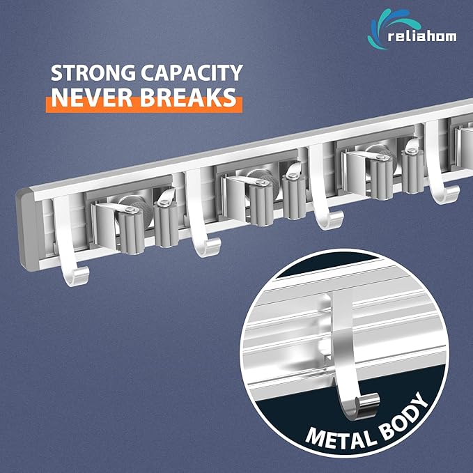 Broom Holder Wall Mount Mop and Broom Hanger Wall Mounted Garage Storage Rack Kitchen Garden Tool Organizer (4 Racks with 5 Hooks, Silver)