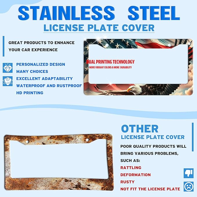American Flag Eagle License Plate Frame Patriotic Stainless Steel License Plate Holder for Front or Rear Car Tags Funny for Car Decoration Accessories with Screws 6.3 X 12.2 in for Women Men