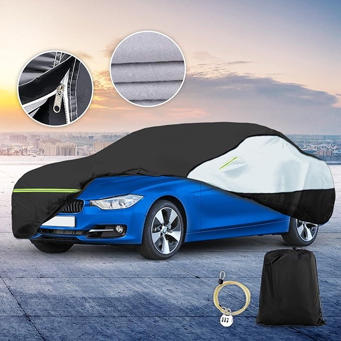 Universal Sedan Car Cover Fit for Mercedes-Benz C-Class, BMW 3 Series, Audi A3,Waterproof All Weather Heavy Duty Anti-UV Windproof Snow Protection - 177''~185''(L)