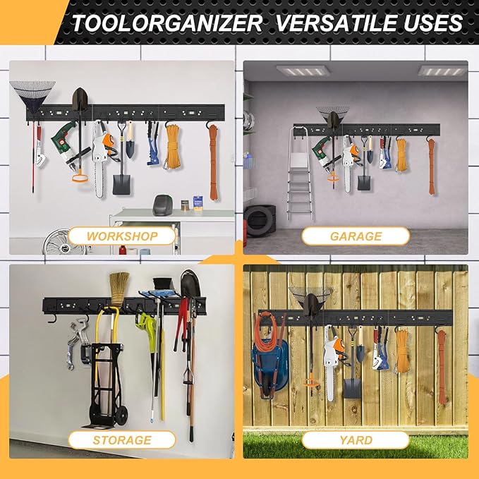 Garage Tool Organizer Wall Mounted, 48 Inches Adjustable Lawn Tool Organizers for Garage, 7 Adjustable Wall Hooks Heavy Duty Yard Tool Organizer Hold Up to 600lbs